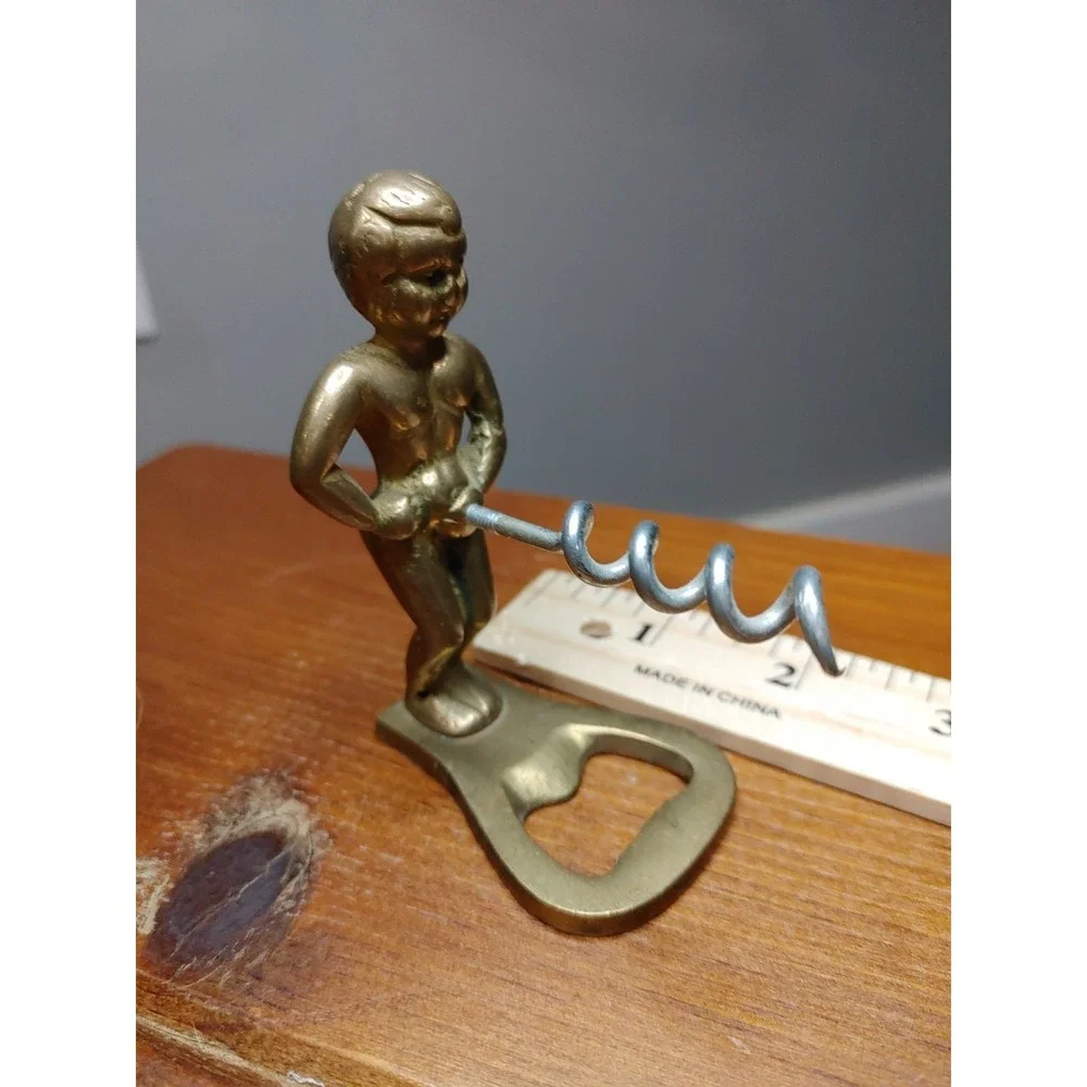 Vtg Brass Corkscrew Bottle Opener Little Pissing Man Wine Beer Novelty Bar Humor